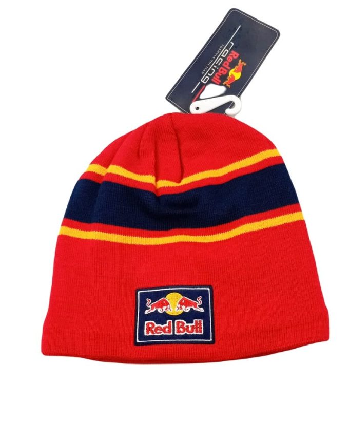red bull beanie striped skully hat with red yellow blue stripes