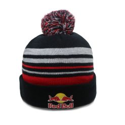 Red Bull Beanie Pompom hat Gray Black Red Striped hat